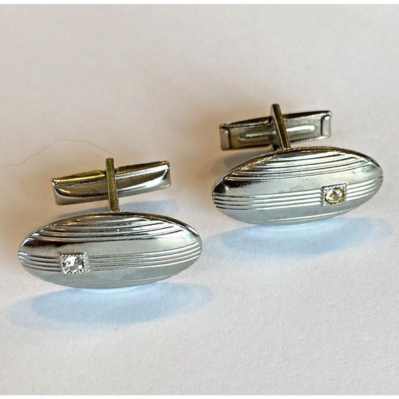Vintage Mid Century Cufflinks Atomic Age Jewelry Silvertone & White Rhinestone - Picture 2 of 7
